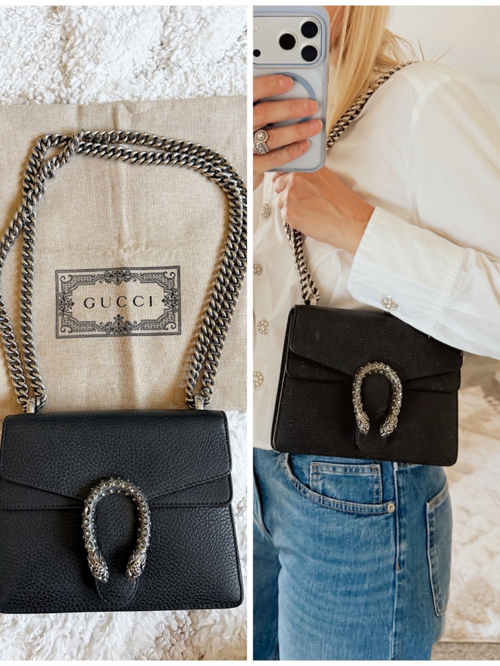 GUCCI Dollar Calfskin Crystal Mini Dionysus Black chain crossbody shoulder bag